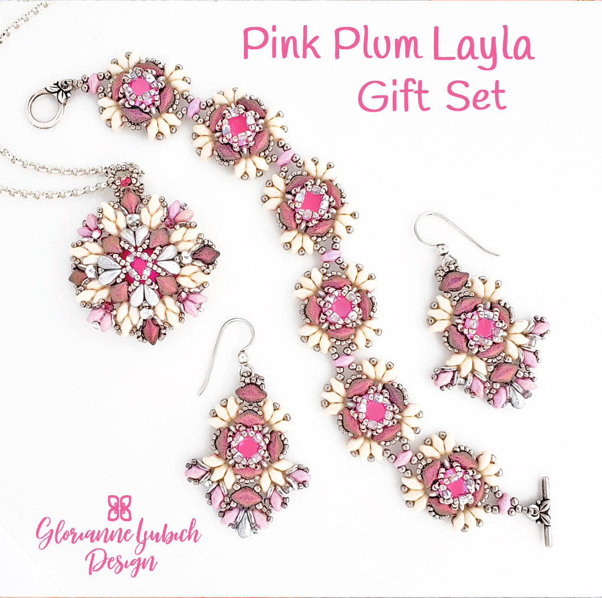 Pink Plum Beaded Earrings, Bracelet, Pendant Kits